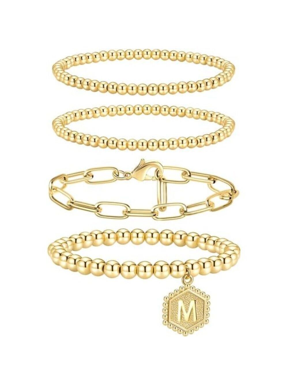 Womens Gold Bracelet Set Stackable Initial Beaded Stretch Jewelry Gift